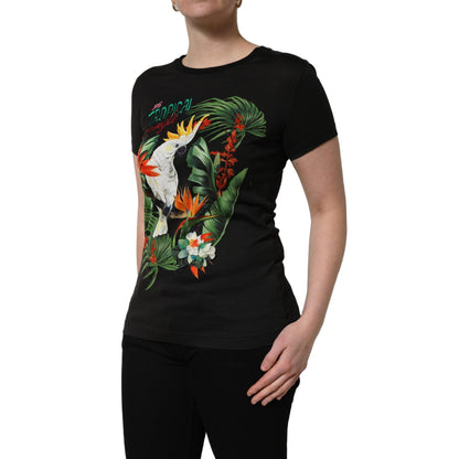 Dolce & Gabbana Black Tropical Print Cotton Round Neck T-Shirt
