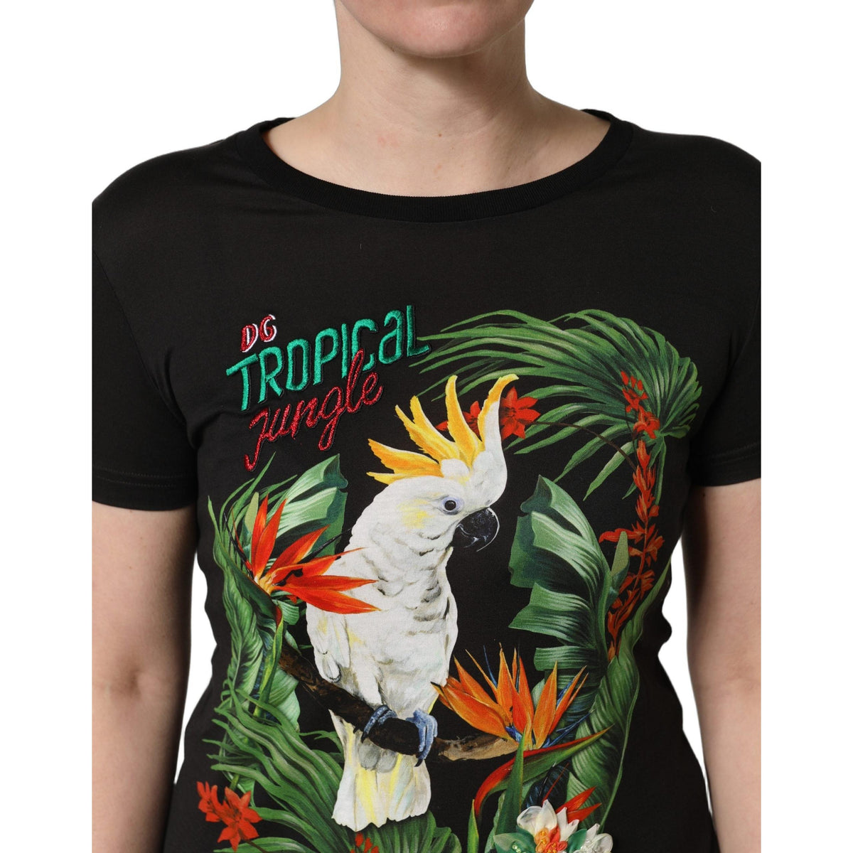 Dolce & Gabbana Black Tropical Print Cotton Round Neck T-Shirt