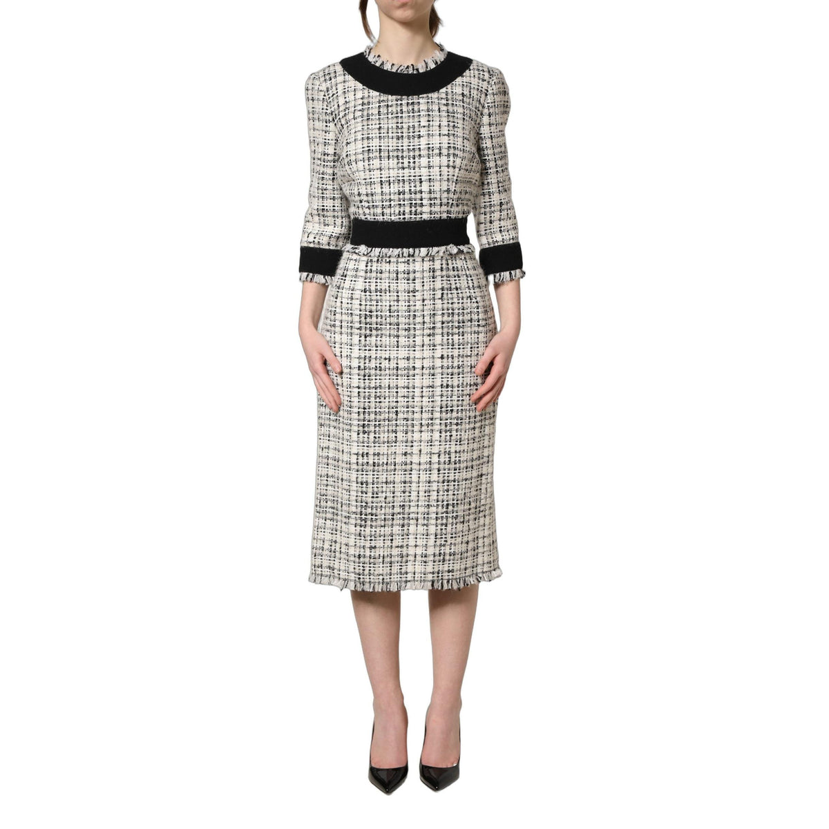 Dolce & Gabbana Black White Tweed Sheath A-line Midi Dress