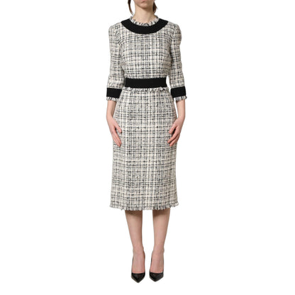 Dolce & Gabbana Black White Tweed Sheath A-line Midi Dress