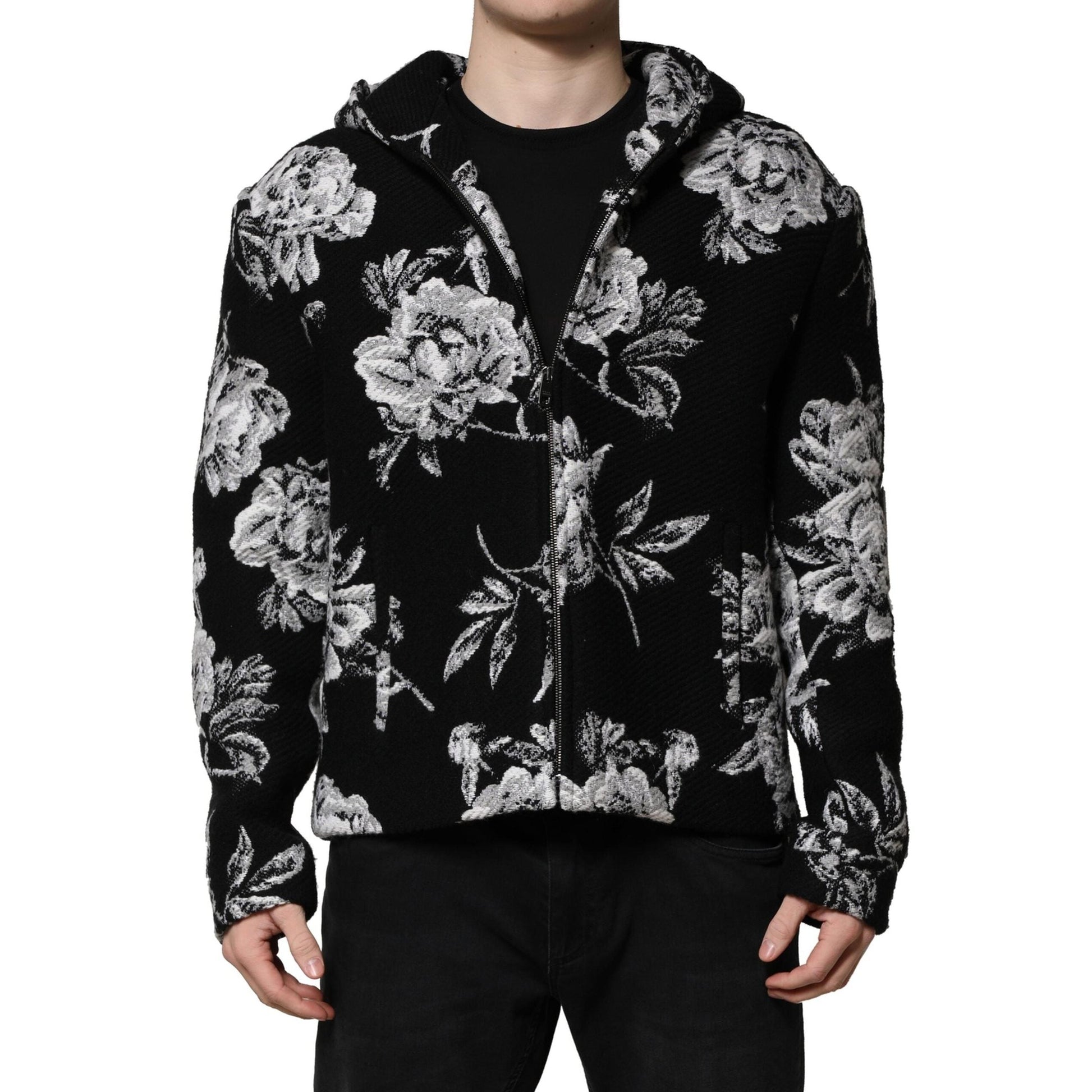 Dolce & Gabbana Black Wool Floral Printed Men Hooded Jacket