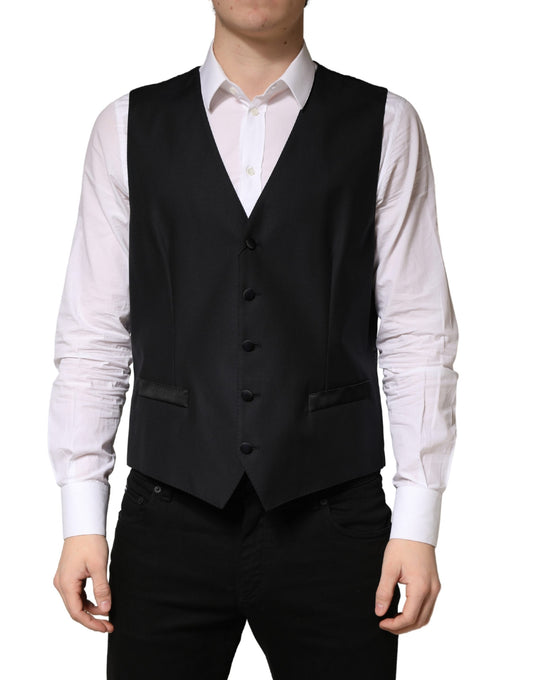 Dolce & Gabbana Black Wool Single Breasted Men Waistcoat Vest