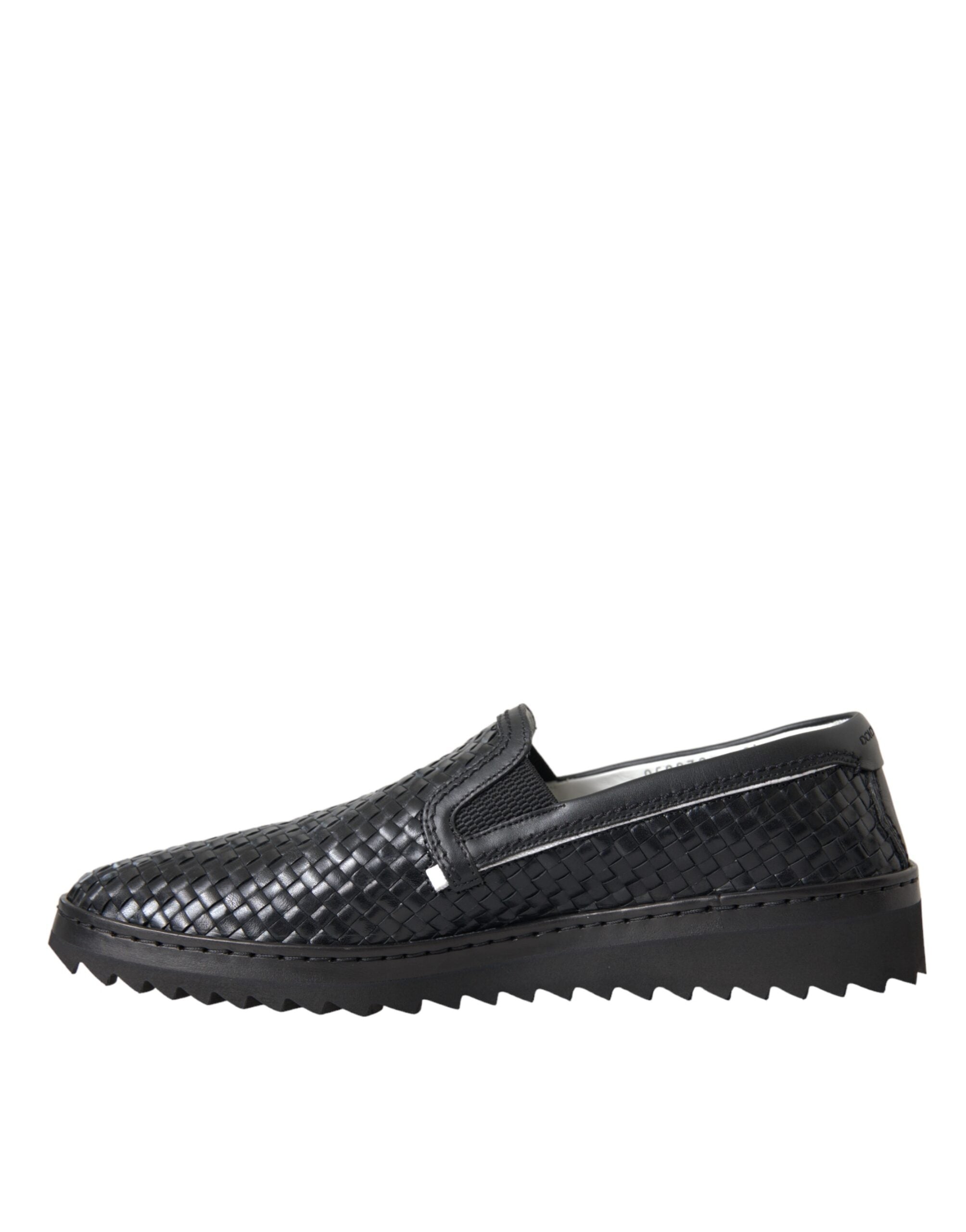 Dolce & Gabbana Black Woven Buffalo Leather Men Loafers Shoes-Modeoutlet