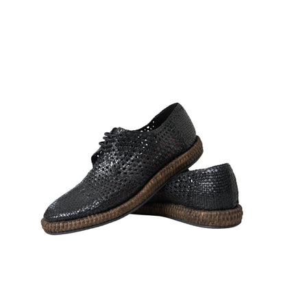Dolce & Gabbana Black Woven Goat Leather Lace Up Derby Shoes