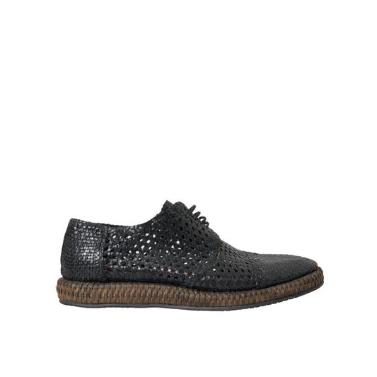 Dolce & Gabbana Black Woven Goat Leather Lace Up Derby Shoes