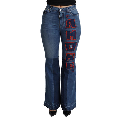Dolce & Gabbana Blue Amore Patch Boot Cut Cotton Stretch Pant