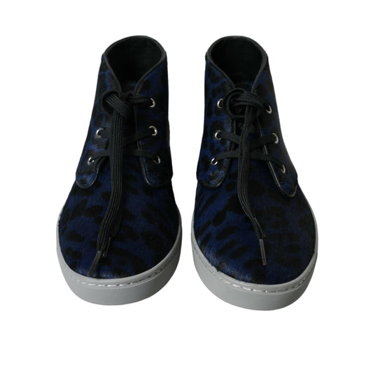 Dolce & Gabbana Blue Calfskin Leopard Mid Top Sneakers Shoes