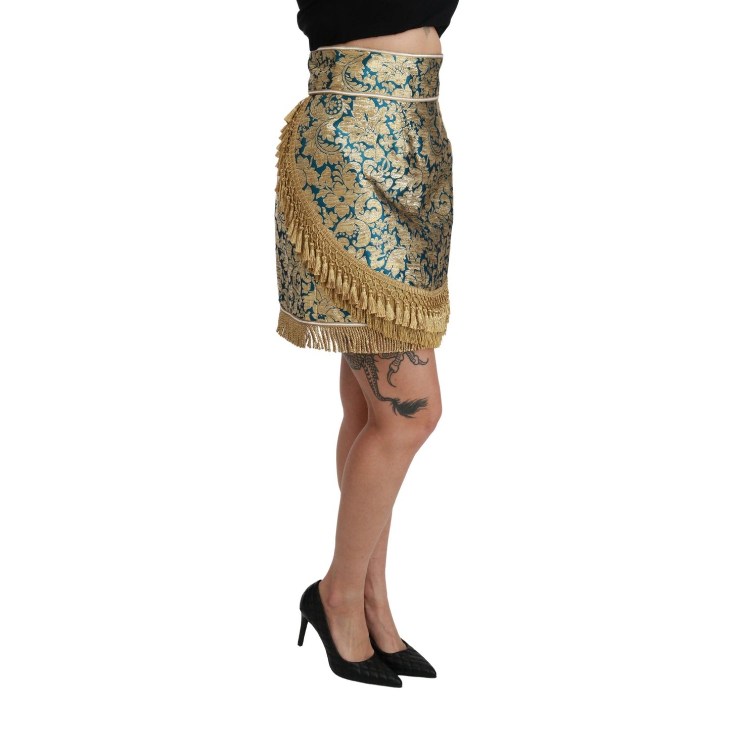Dolce & Gabbana Blue High Waist Jacquard Tassel Gold Skirt