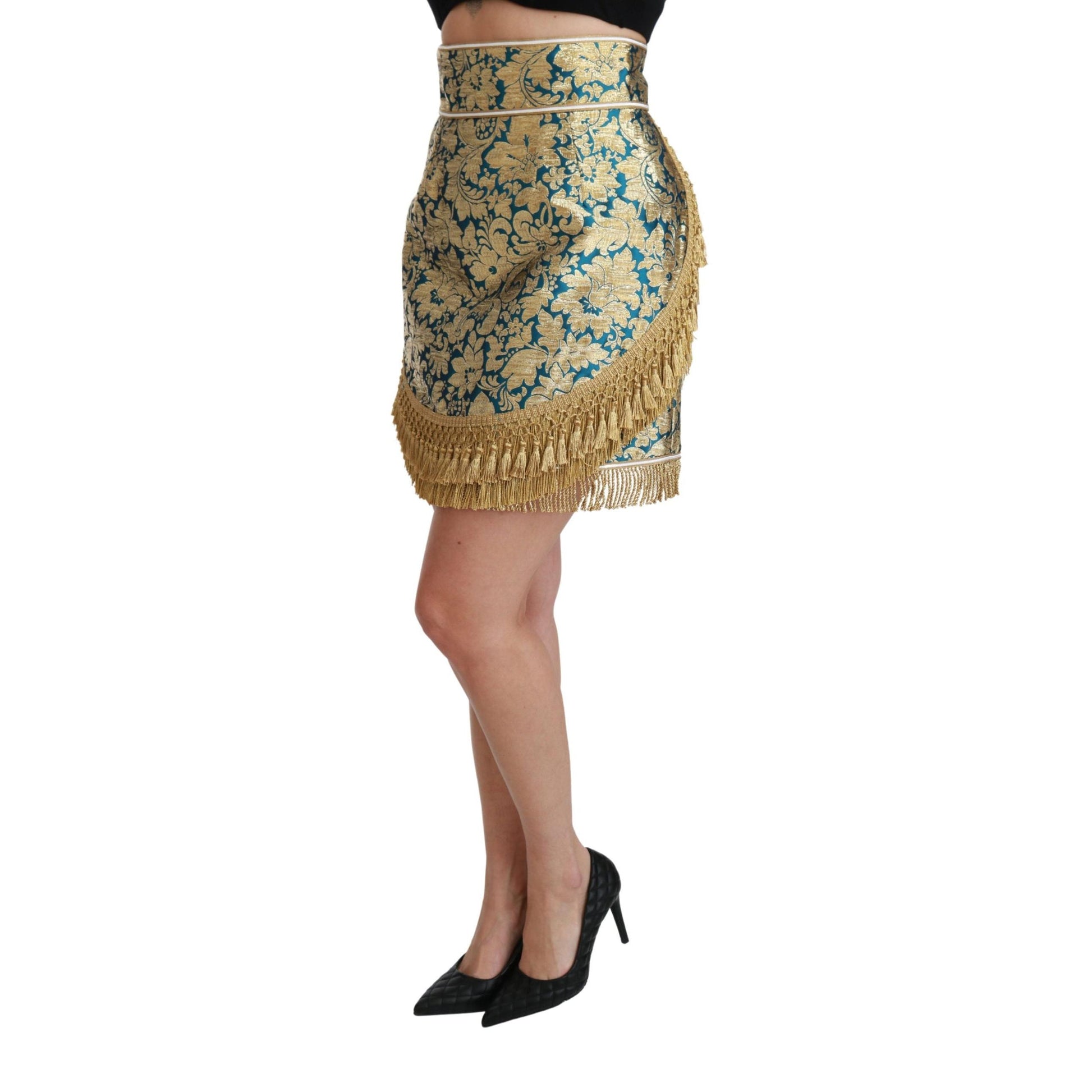 Dolce & Gabbana Blue High Waist Jacquard Tassel Gold Skirt