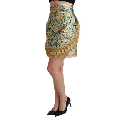 Dolce & Gabbana Blue High Waist Jacquard Tassel Gold Skirt