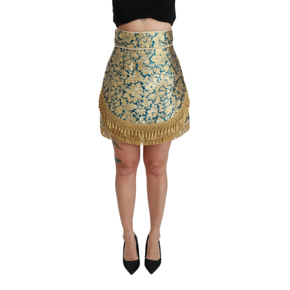 Dolce & Gabbana Blue High Waist Jacquard Tassel Gold Skirt