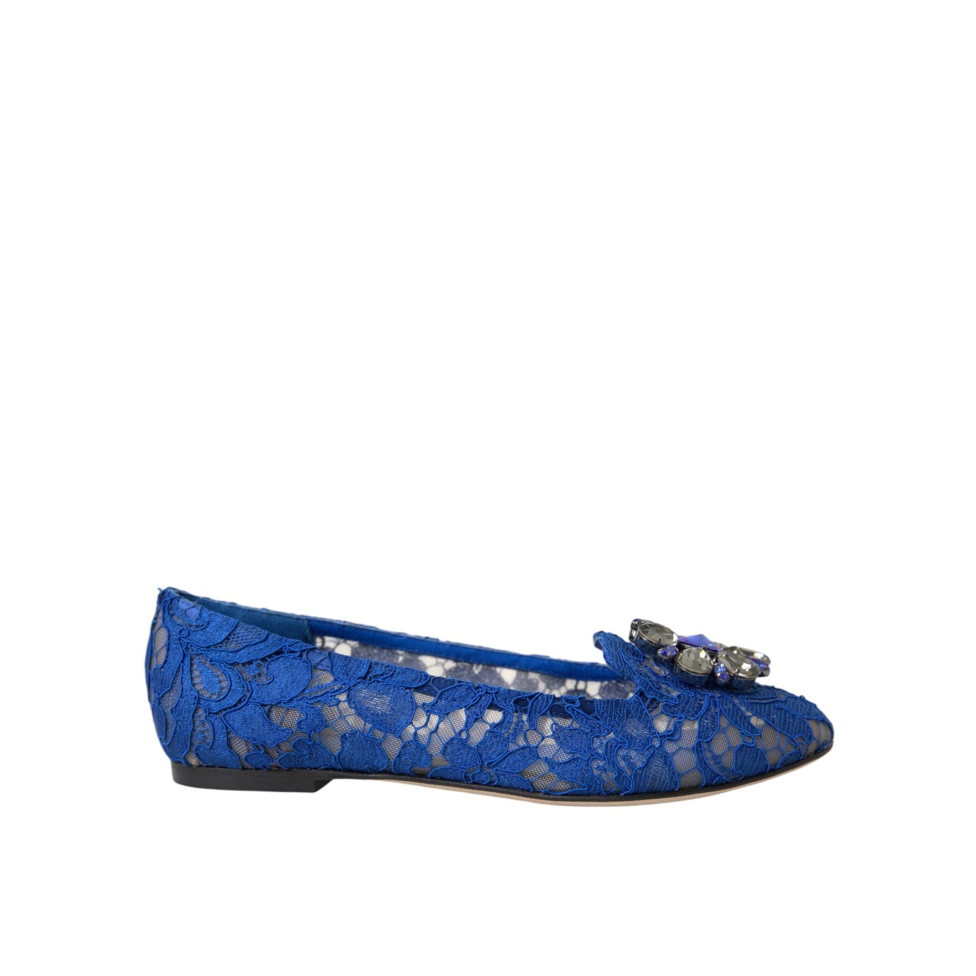 Dolce & Gabbana Blue Lace Crystal Ballet Flats Loafers Shoes