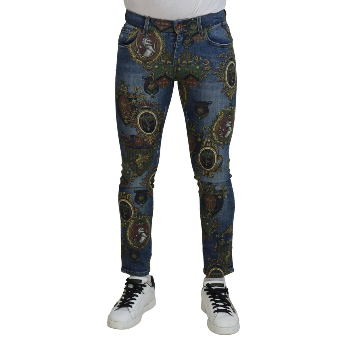Dolce & Gabbana Blue Medal Print Slim Fit Cotton Jeans
