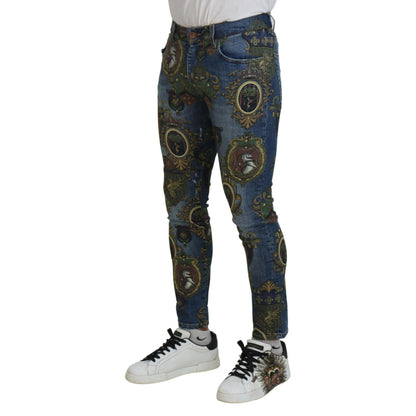 Dolce & Gabbana Blue Medal Print Slim Fit Cotton Jeans