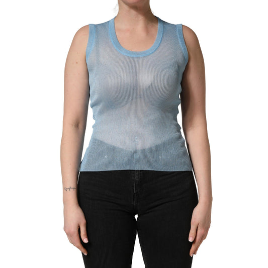 Dolce & Gabbana Blue Semi Sheer Ribbed Sleeveless Tank Top