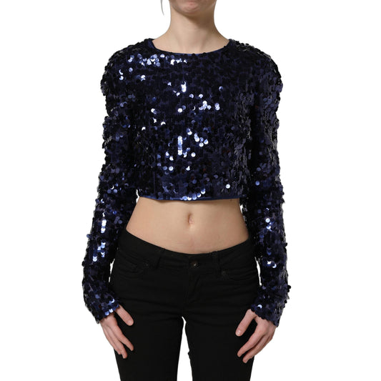 Dolce & Gabbana Blue Sequined Long Sleeves Crop Blouse Top