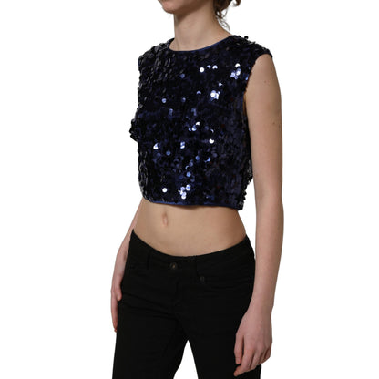 Dolce & Gabbana Blue Sequined Sleeveless Cropped Tank Top