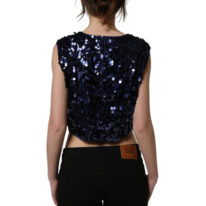 Dolce & Gabbana Blue Sequined Sleeveless Cropped Tank Top