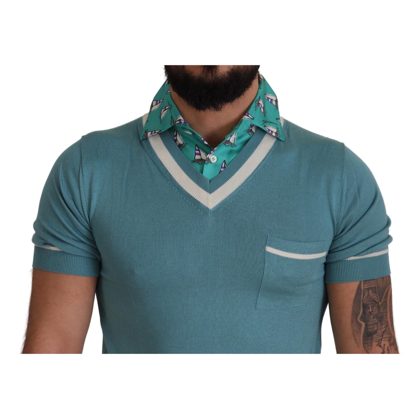 Dolce & Gabbana Blue Silk Polo Top Mens V-neck T-shirt