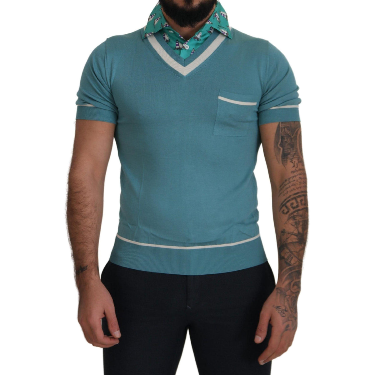 Dolce & Gabbana Blue Silk Polo Top Mens V-neck T-shirt