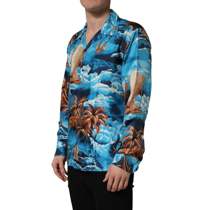 Dolce & Gabbana Blue Silk Twill Hawaiian GraphicPrint Shirt