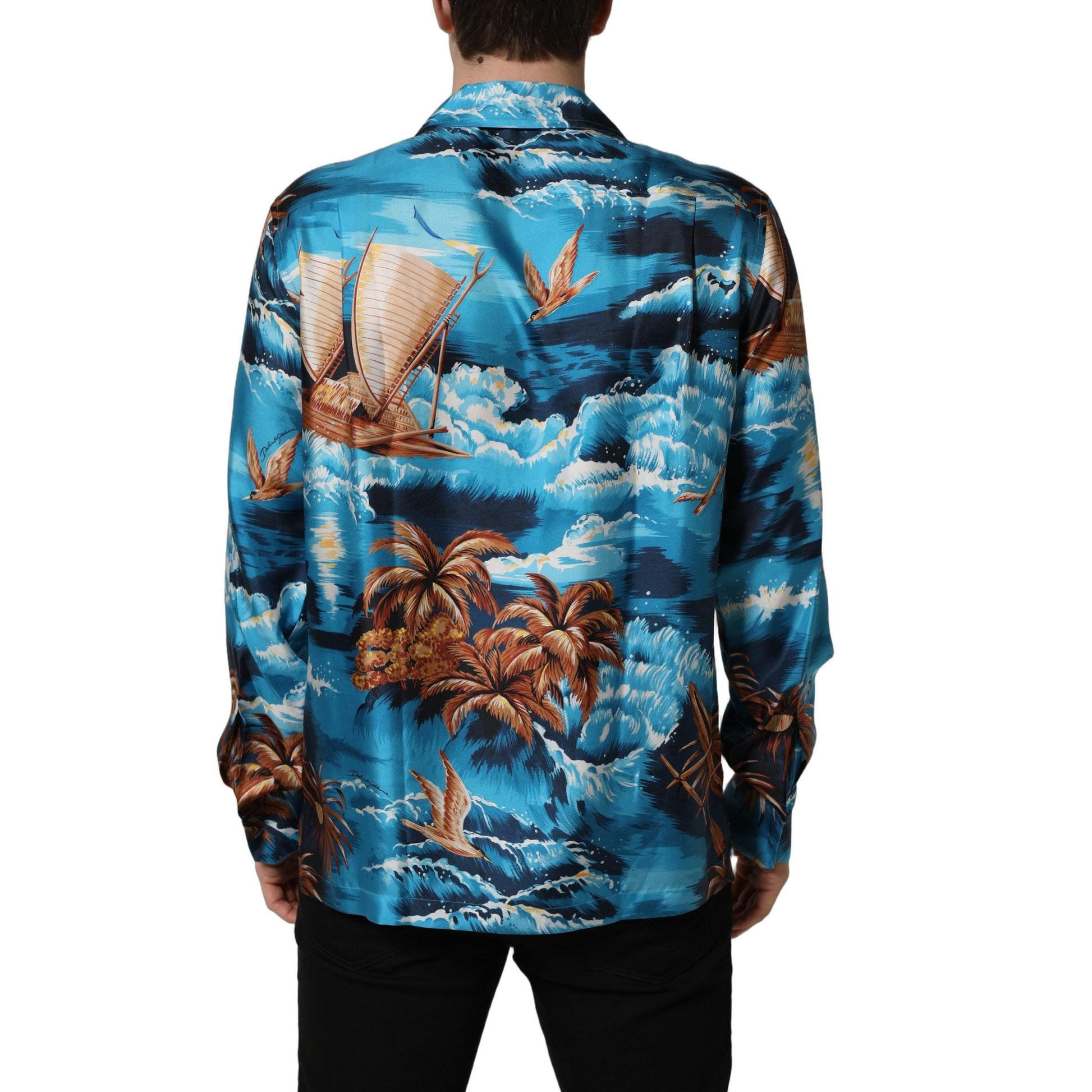 Dolce & Gabbana Blue Silk Twill Hawaiian GraphicPrint Shirt