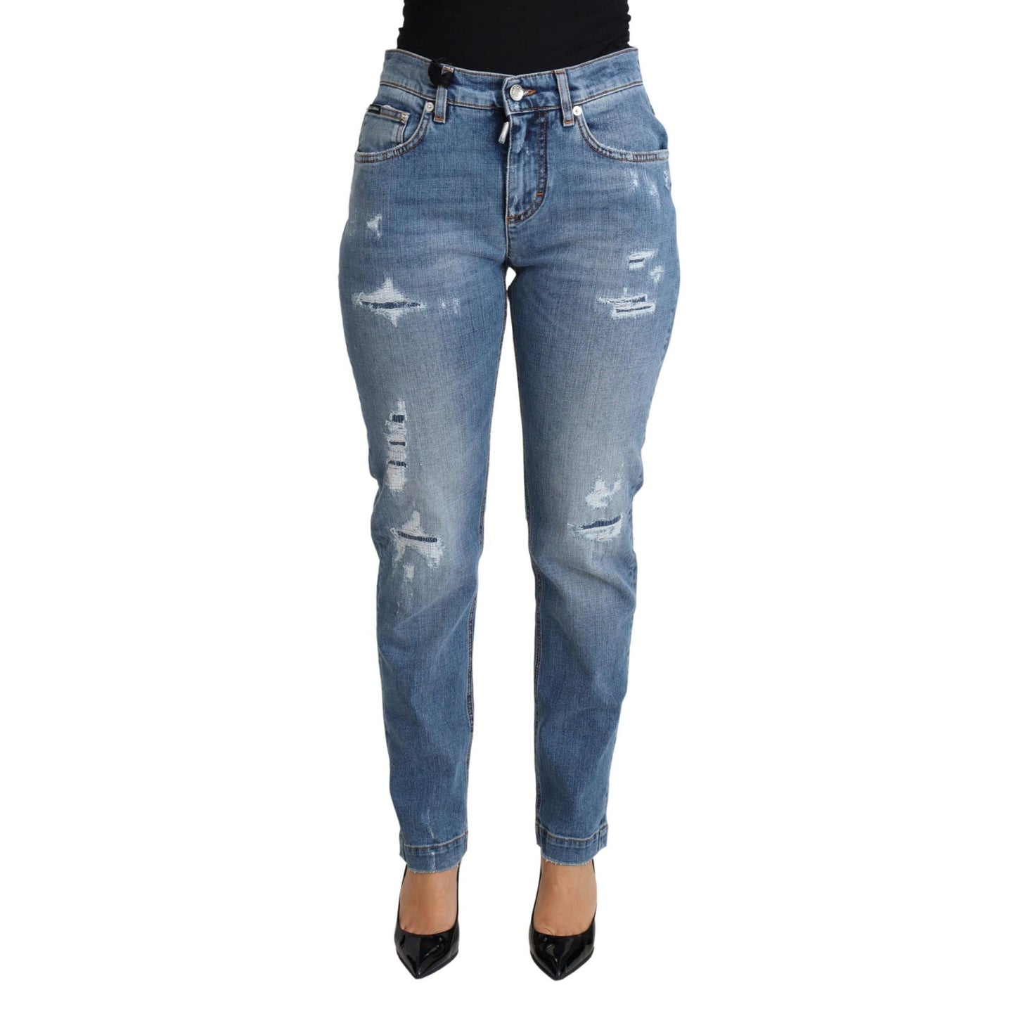 Dolce & Gabbana Blue Tattered Skinny Denim Cotton Blend Jeans