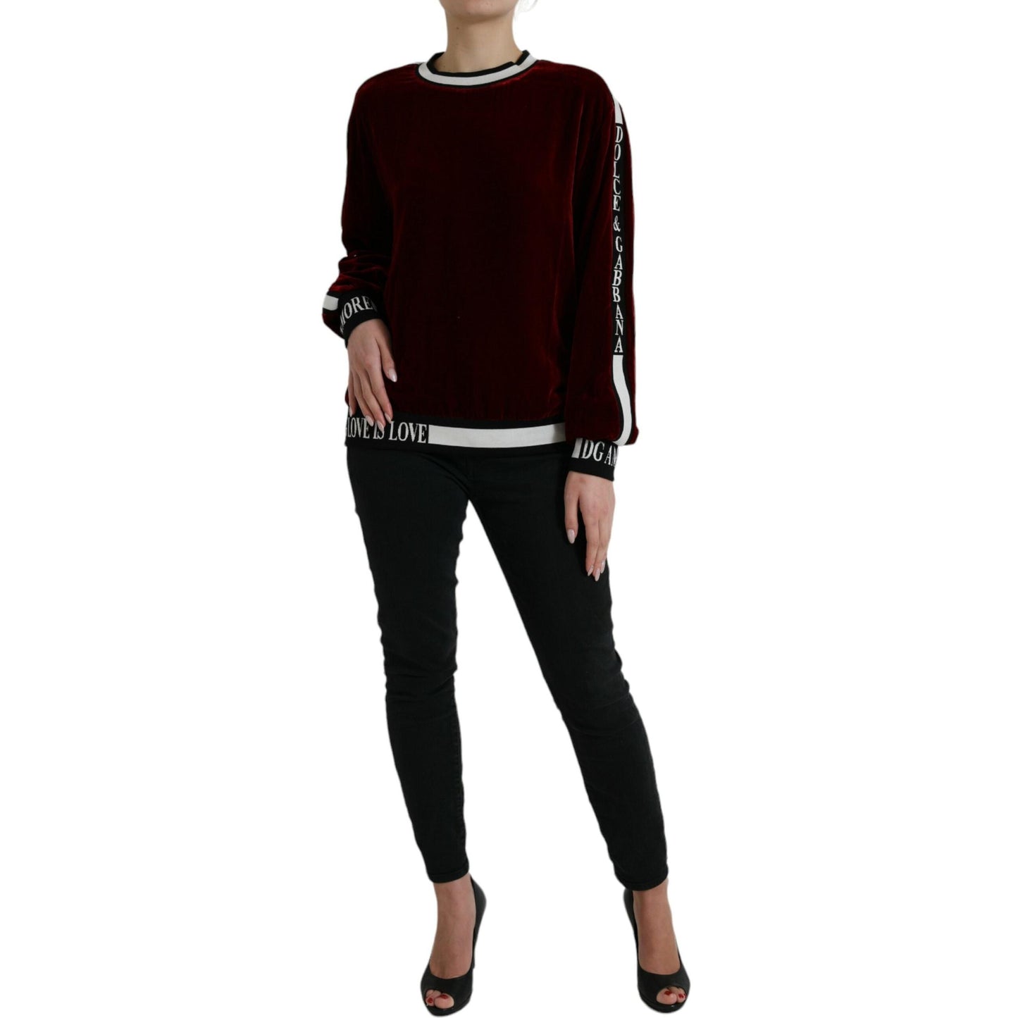 Dolce & Gabbana Bordeaux Velvet Round Neck Pullover Sweater