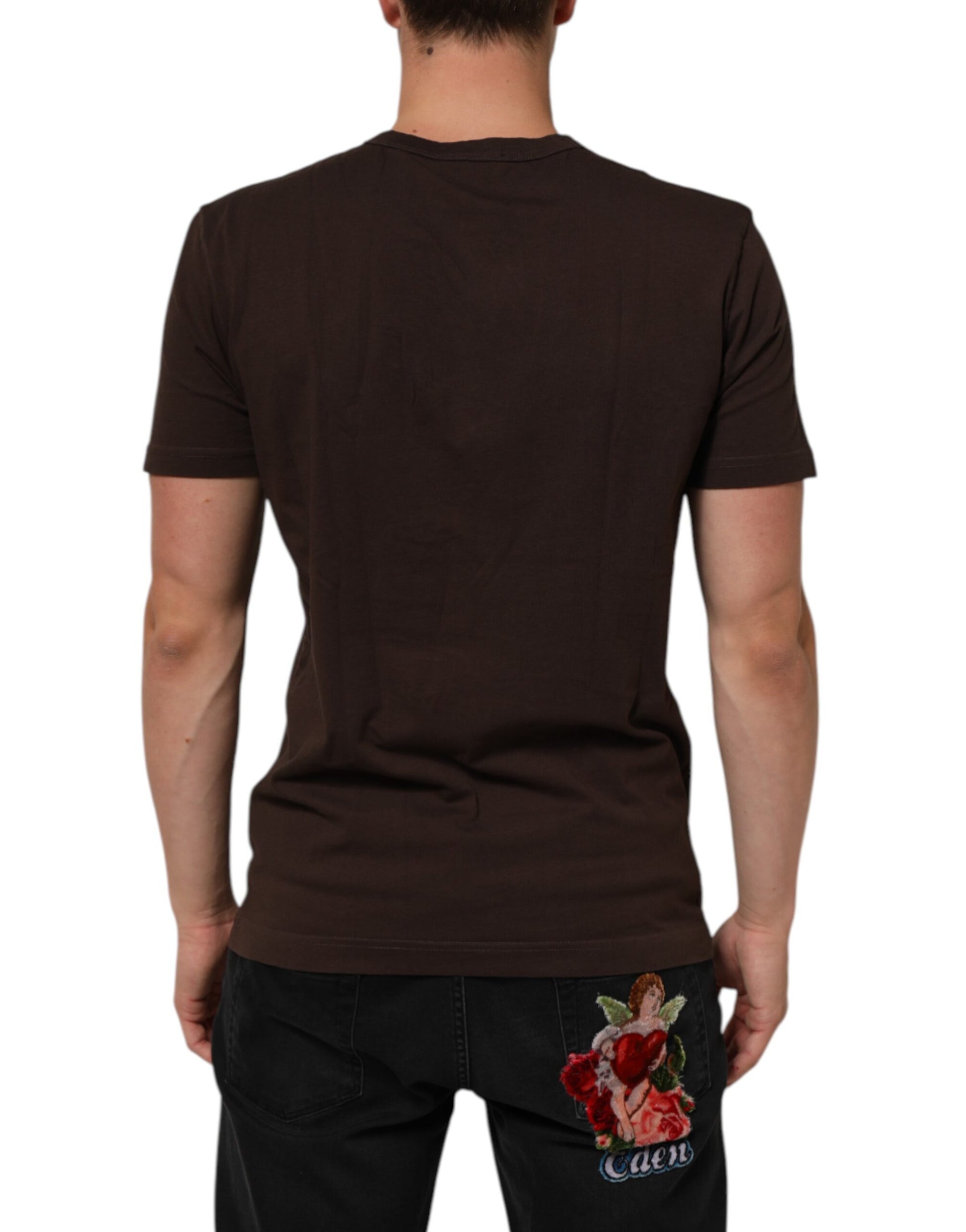 Dolce & Gabbana Brown Coin Laurel Print Men Crew Neck T-shirt
