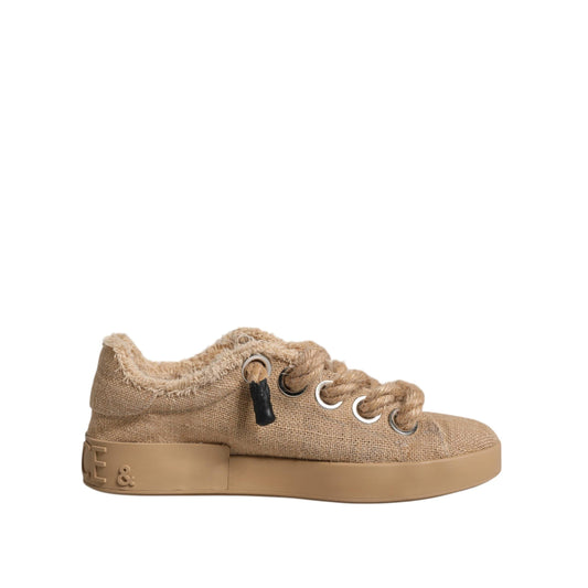 Dolce & Gabbana Brown Jute Fabric Low Top Men Sneakers Shoes