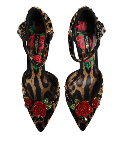 Dolce & Gabbana Brown Leopard Crystal Roses Pumps Shoes