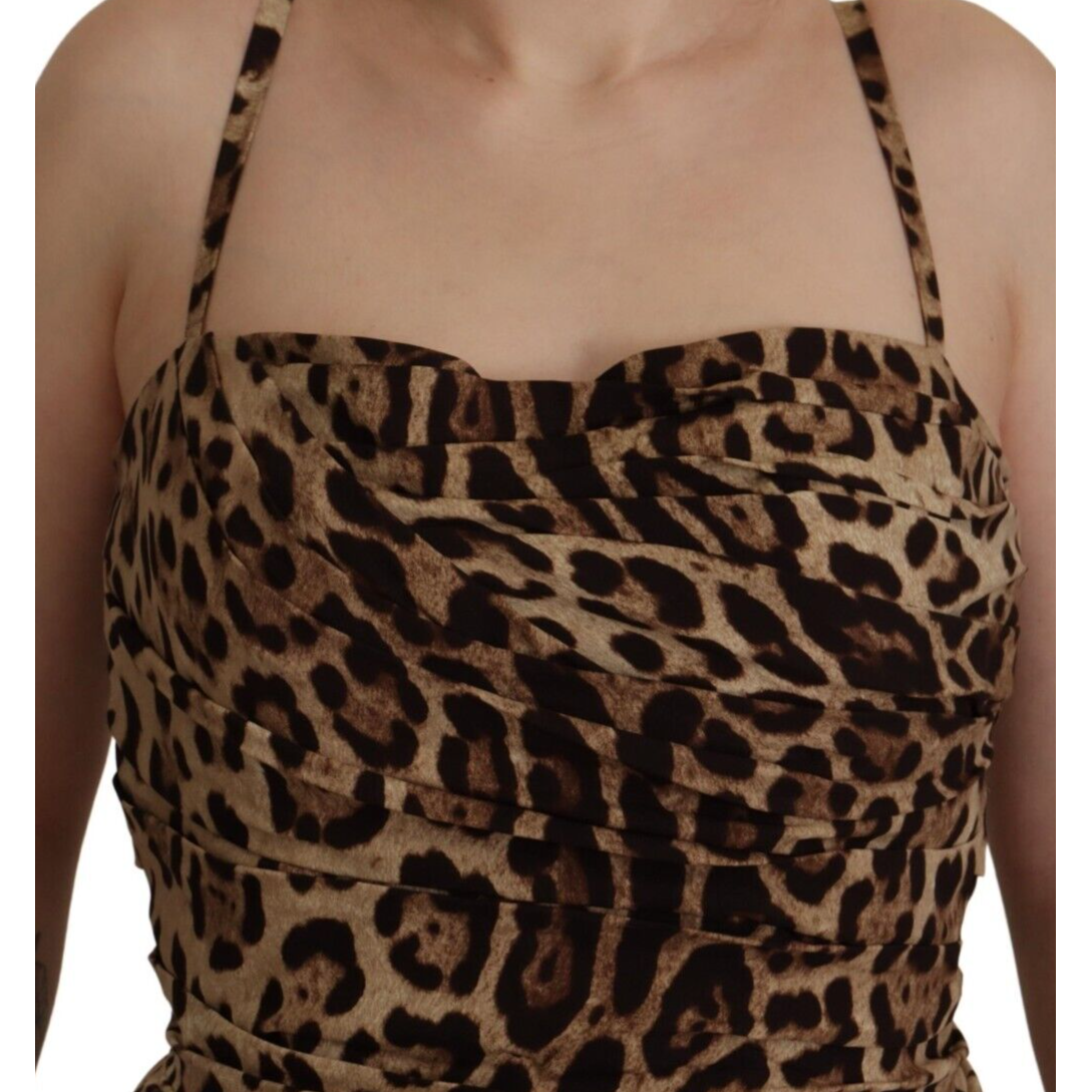 Dolce & Gabbana Brown Leopard Print Ruched Midi Dress