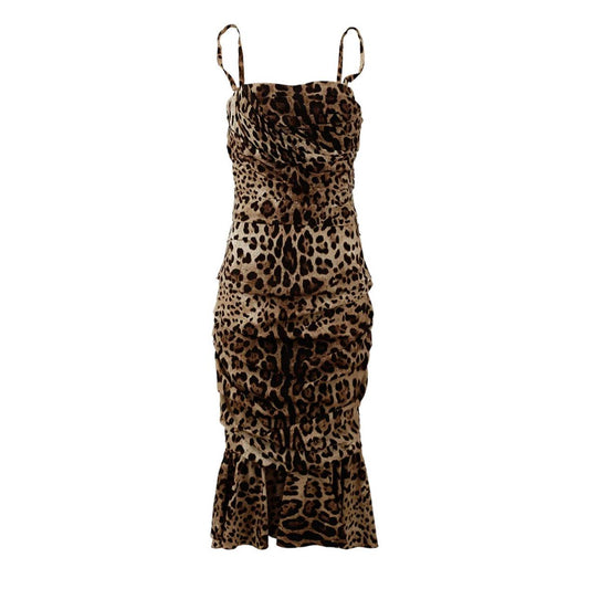 Dolce & Gabbana Brown Leopard Print Ruched Midi Dress