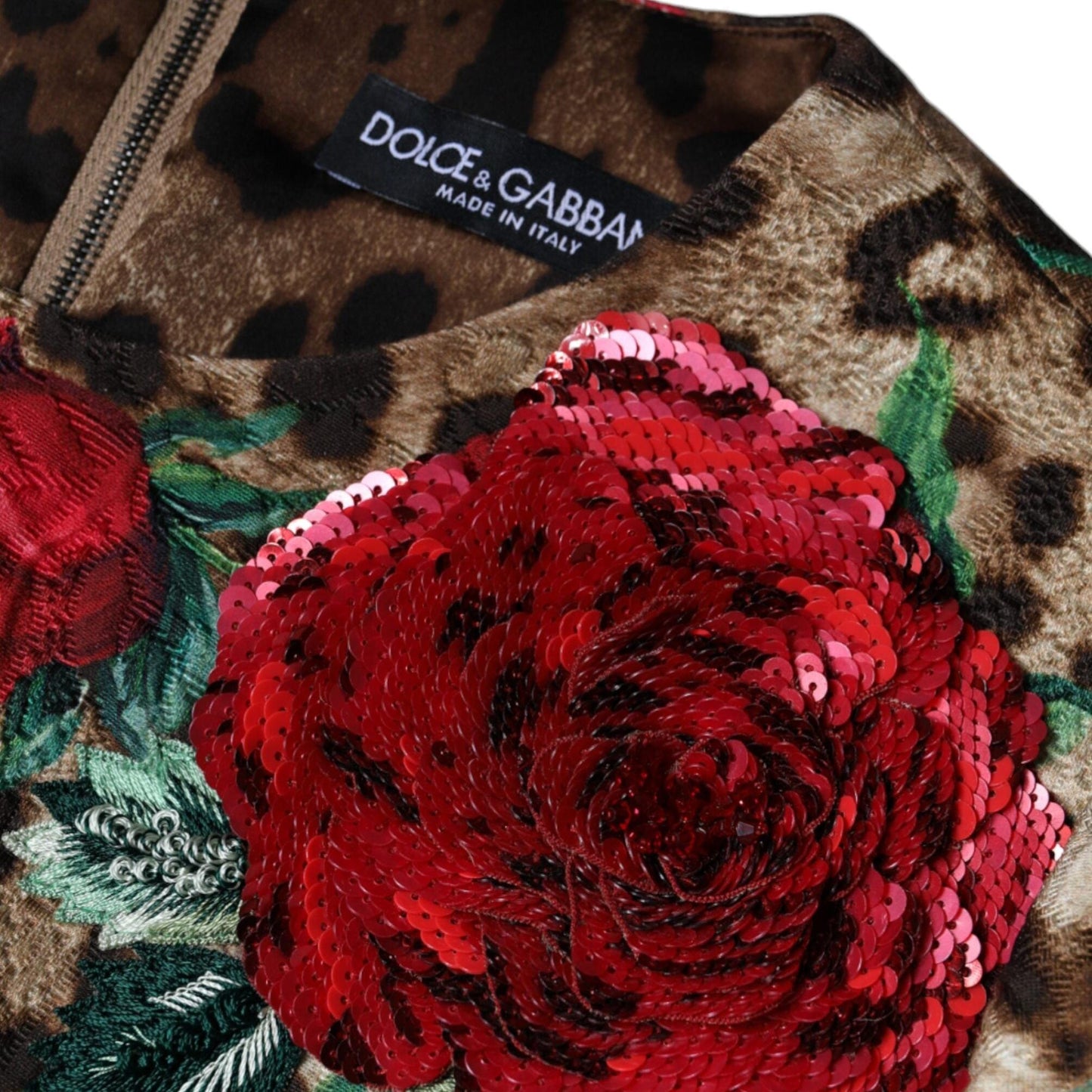 Dolce & Gabbana Brown Leopard Red Roses Cotton A-line Dress