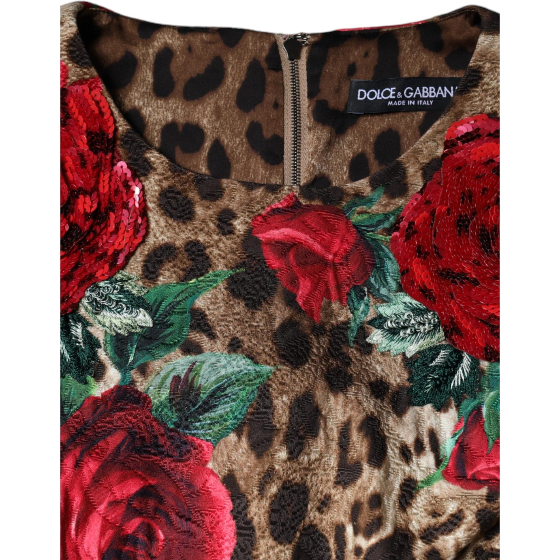 Dolce & Gabbana Brown Leopard Red Roses Cotton A-line Dress