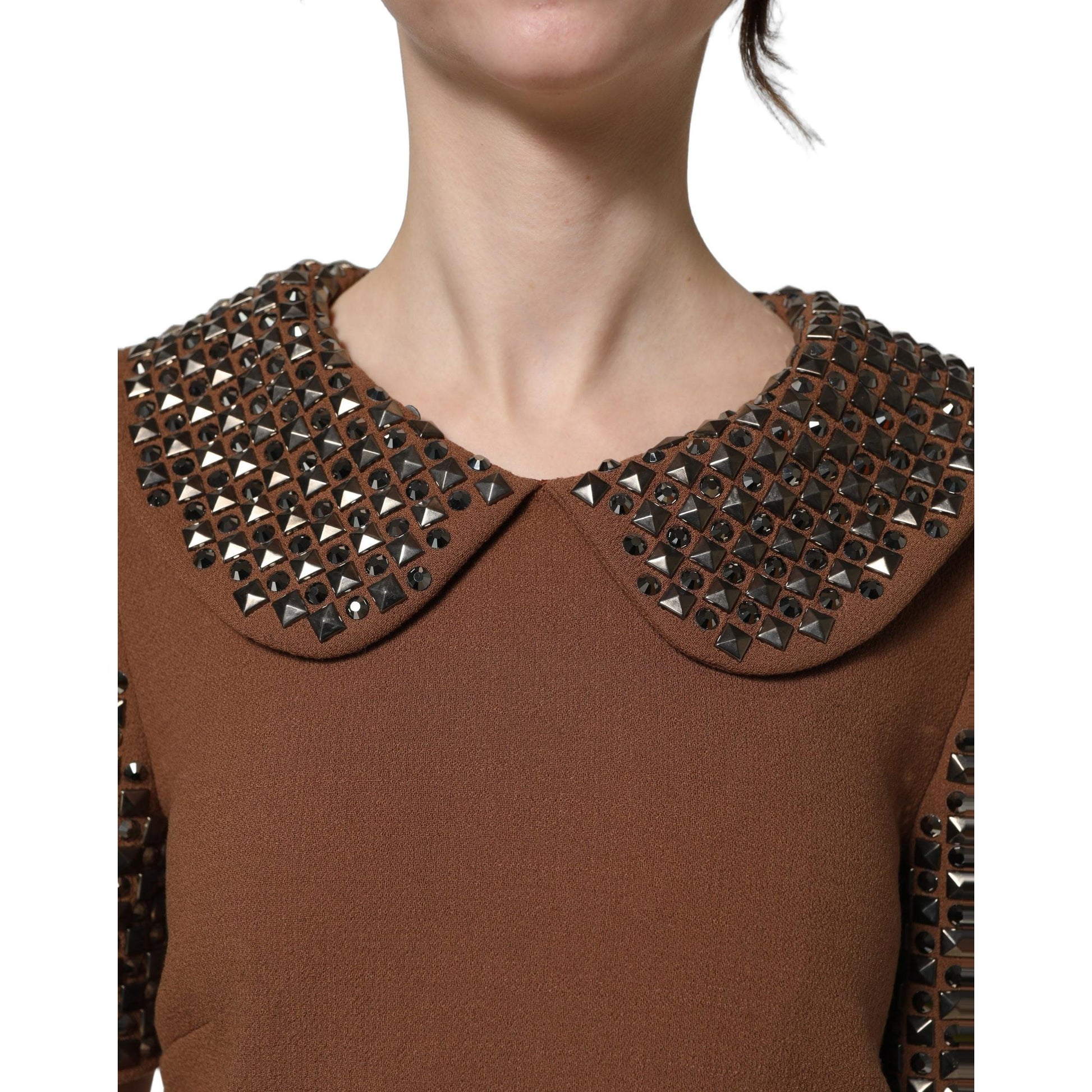 Dolce & Gabbana Brown Wool Rhinestone Embellished Midi Dress