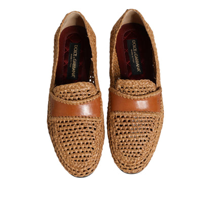 Dolce & Gabbana Brown Woven Raffia Slip On Loafers Shoes