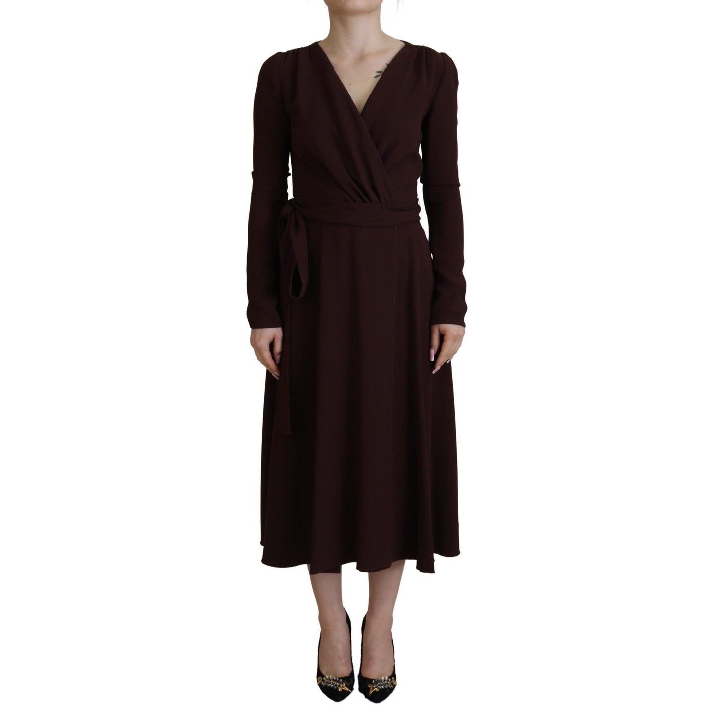 Dolce & Gabbana Brown Wrap Long Sleeve Midi Stretch Dress