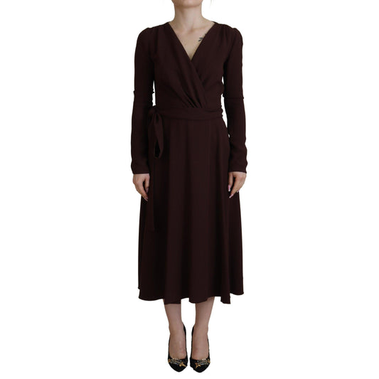 Dolce & Gabbana Brown Wrap Long Sleeve Midi Stretch Dress