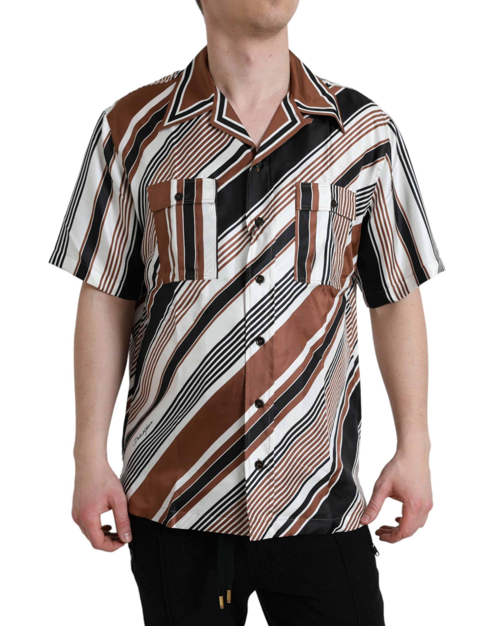 Dolce & Gabbana Brun Hvid Silke Striped Short Sleeve Shirt-Modeoutlet