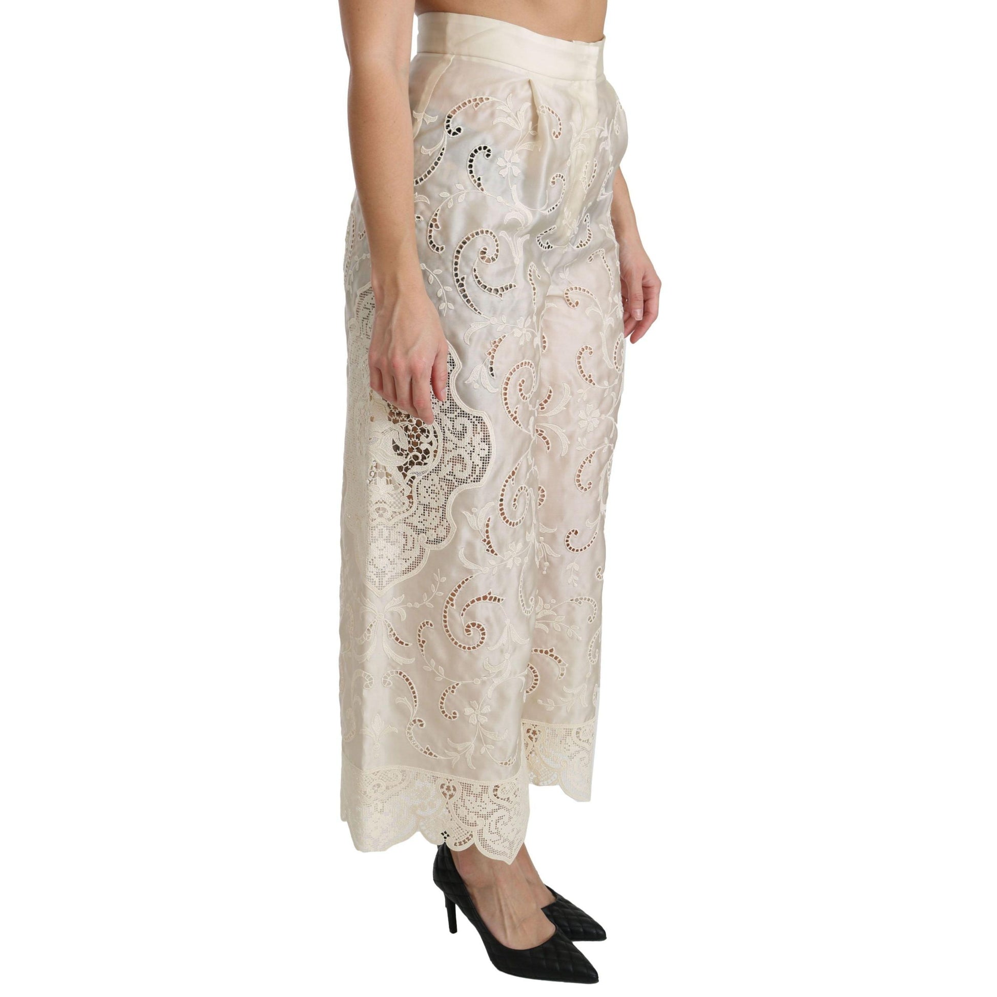 Dolce & Gabbana Cream Lace High Waist Palazzo Cropped Pants