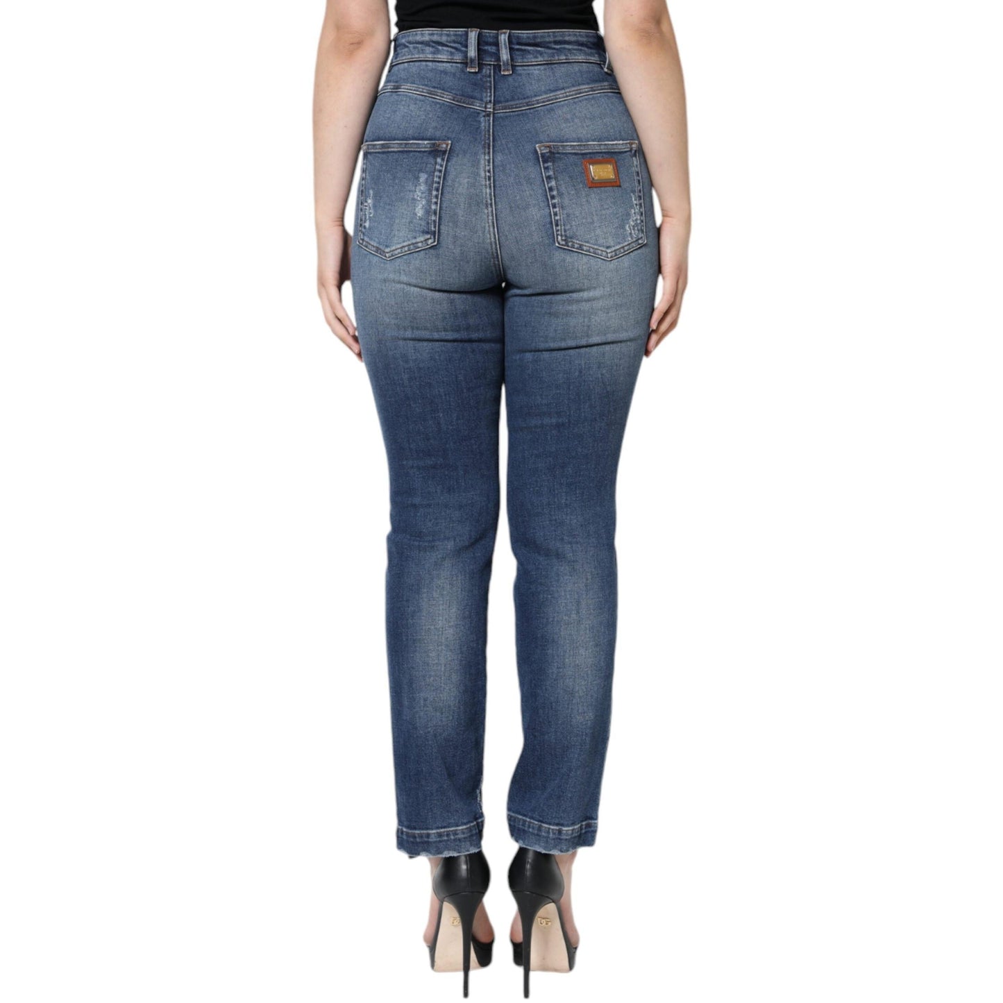 Dolce & Gabbana Dark Blue Cotton Tattered Skinny Denim Jeans