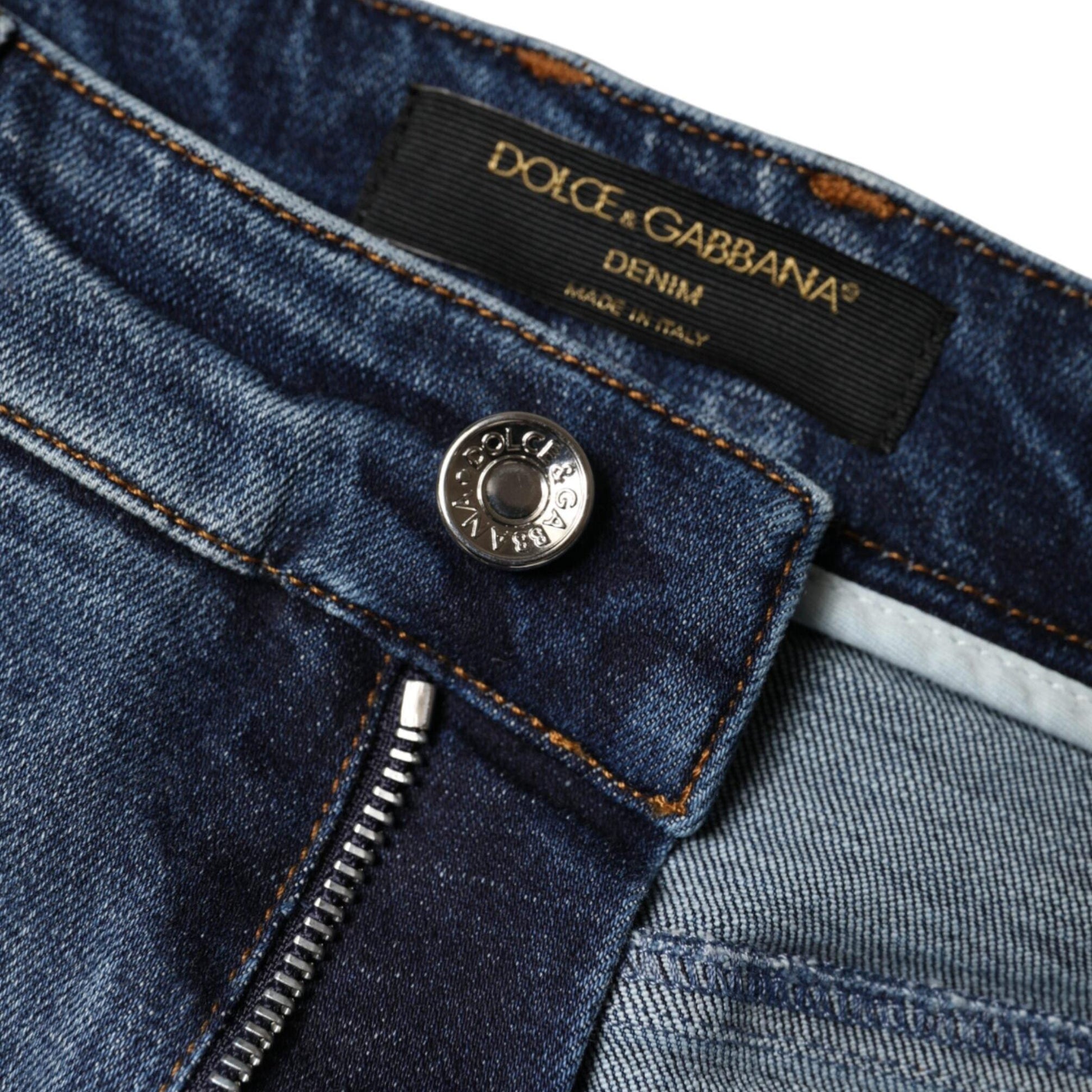 Dolce & Gabbana Dark Blue Cotton Tattered Skinny Denim Jeans