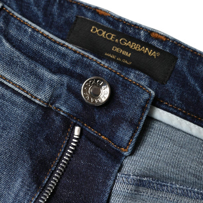 Dolce & Gabbana Dark Blue Cotton Tattered Skinny Denim Jeans