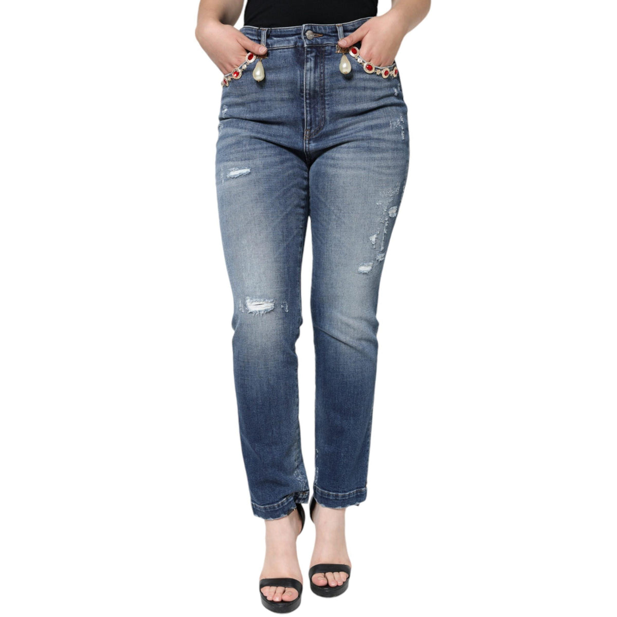 Dolce & Gabbana Dark Blue Cotton Tattered Skinny Denim Jeans
