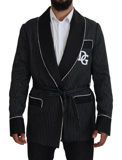Dolce & Gabbana Dark Gray Robe Striped DG Patch Jacket Men Blazer