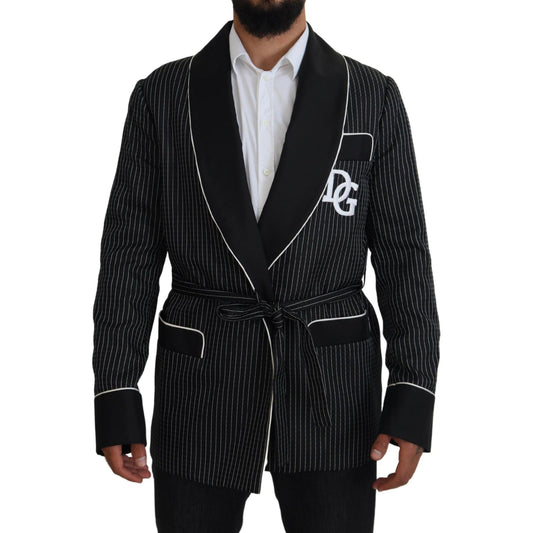 Dolce & Gabbana Dark Gray Robe Striped DG Patch Jacket Men Blazer