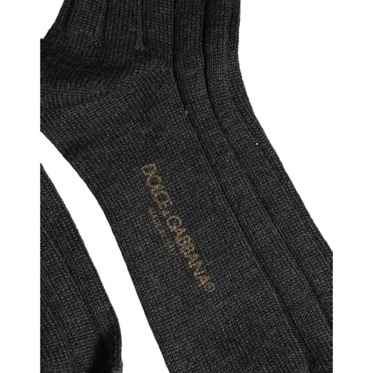Dolce & Gabbana Dark Gray Wool Logo Calf Long Ribbed Accessory Socks