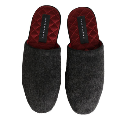 Dolce & Gabbana Dark Grey Charcoal Wool Red Slippers Shoes