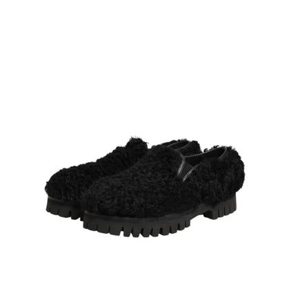 Dolce & Gabbana Dress Black Fur Leather Slippers Men Shoes